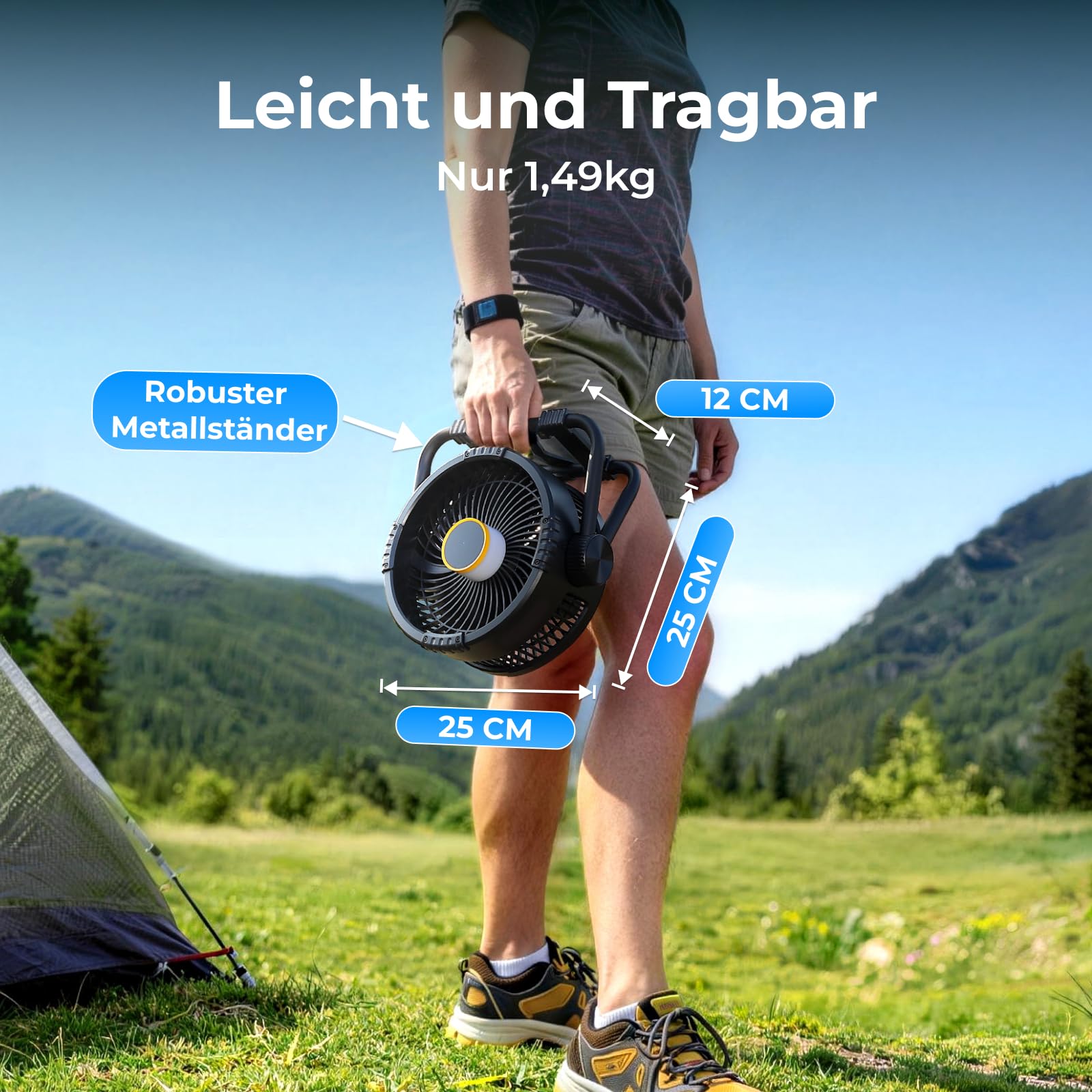 BougeRV F01 Camping Ventilator Akku 33,5 Std. Metallständer 5,4 m/s Schwarz | 20000mAh, Leise im Betrieb mit Licht, Timer, App-Steuerung & Haken Tragbarer Tischventilator für Zelt, Reisen & Tisch