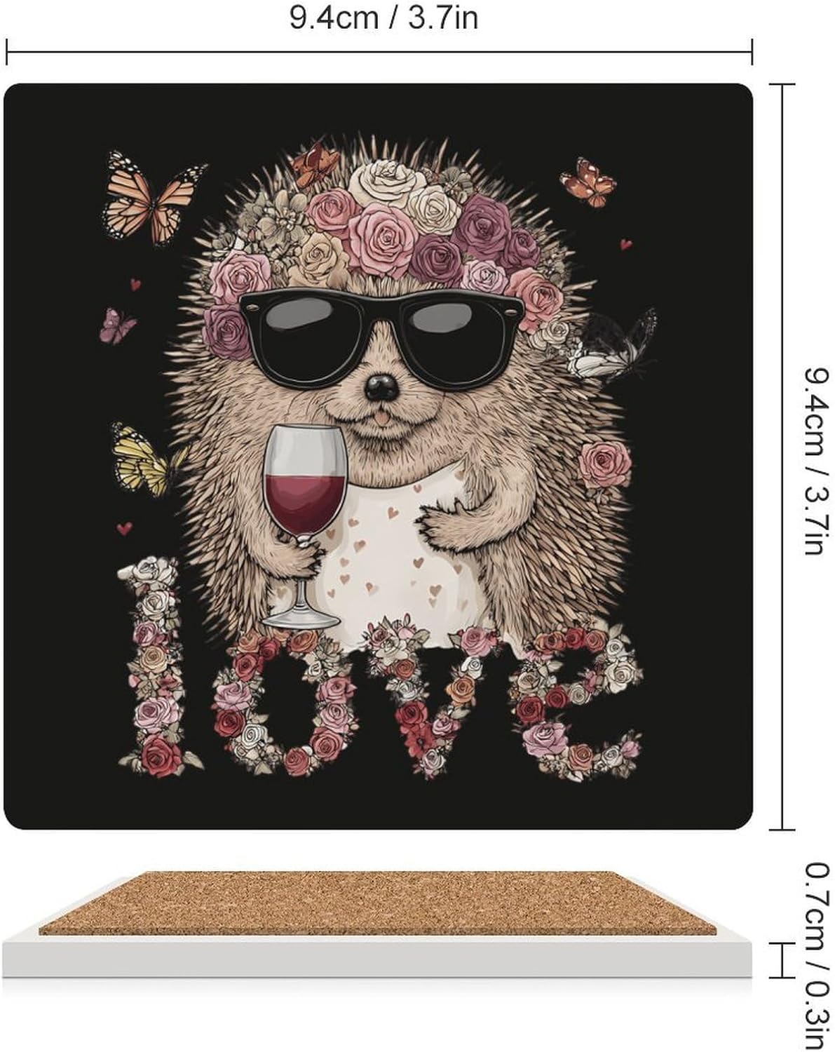 Funny Hedgehog Love Wine Coaster for Drinks Square Ceramic Table Coasters Stone Mat Crafts 4PCS Home Kitchen Decor