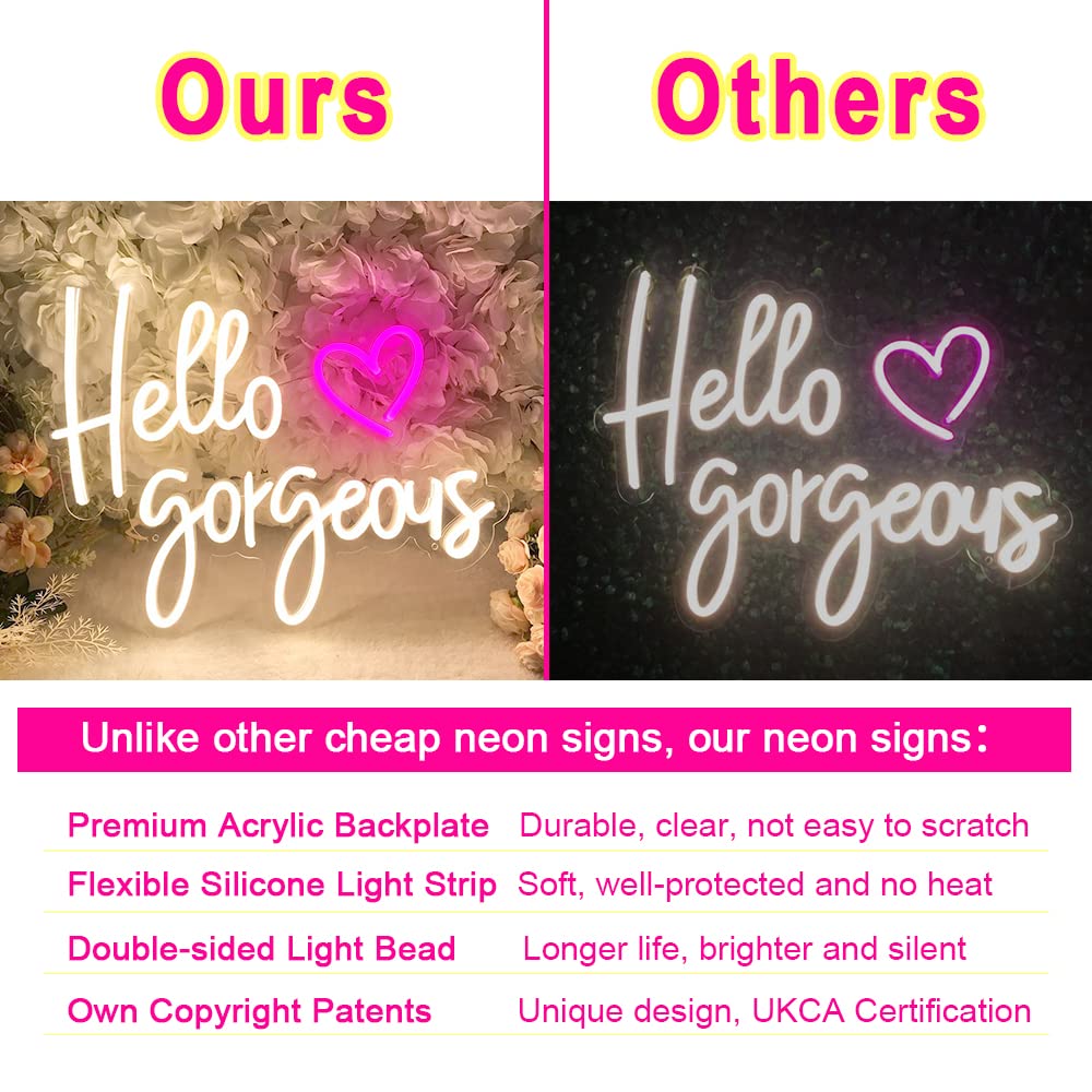 RUMONZS Panneau Néon Hello Gorgeous - Lumière LED Rose à Intensité
