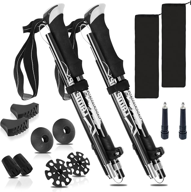 Trekking Poles - 2 Pack Collapsible Aluminum Hiking Poles with Quick Lock System 7075 Aluminum, Folding,EVA Foam Handles with Adjustable Strap for Camping, Backpacking, Mountaineering (Black)
