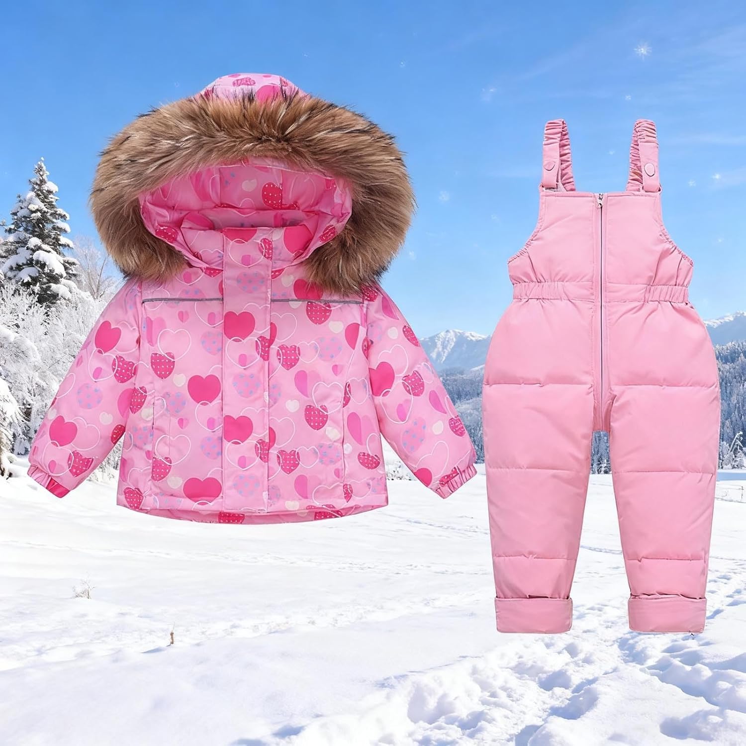 YRAETENM Kids 2 Piece Snowsuit Set Toddler Baby Boys Girls Winter Wear Hooded Puffer Jacket and Snow Bib Pants Ski Suits