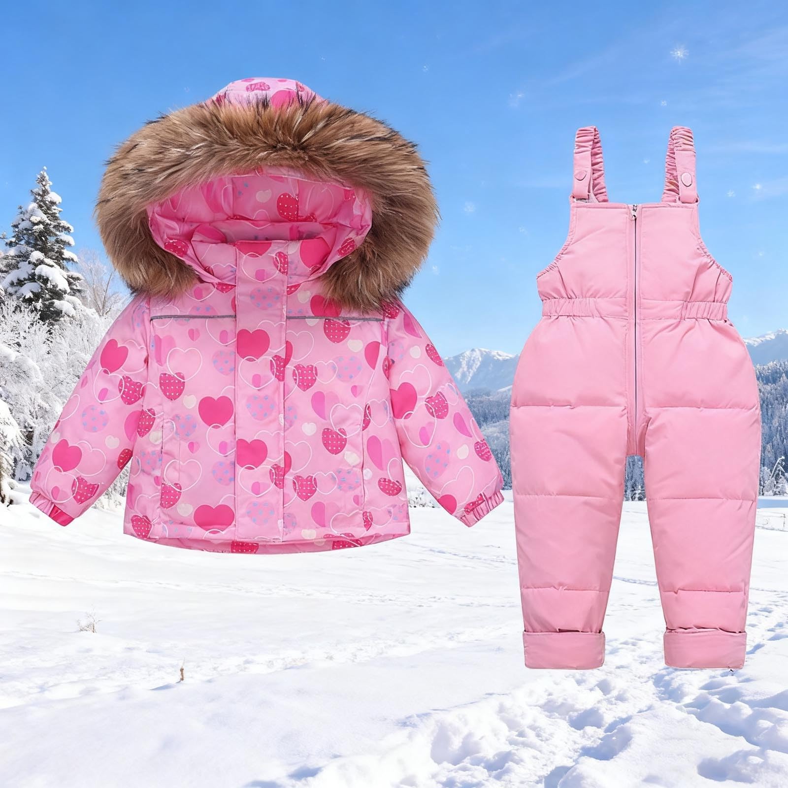 Ensemble Ski Enfant 2 Pièces Veste Capuche Et Salopette Pour Hiver Imperméables Coupe-Vent Vêtements de Ski Fille Chaude Combinaisons de Neige Hiver Salopettes Veste Snowsuit Jumpsuit de Sports