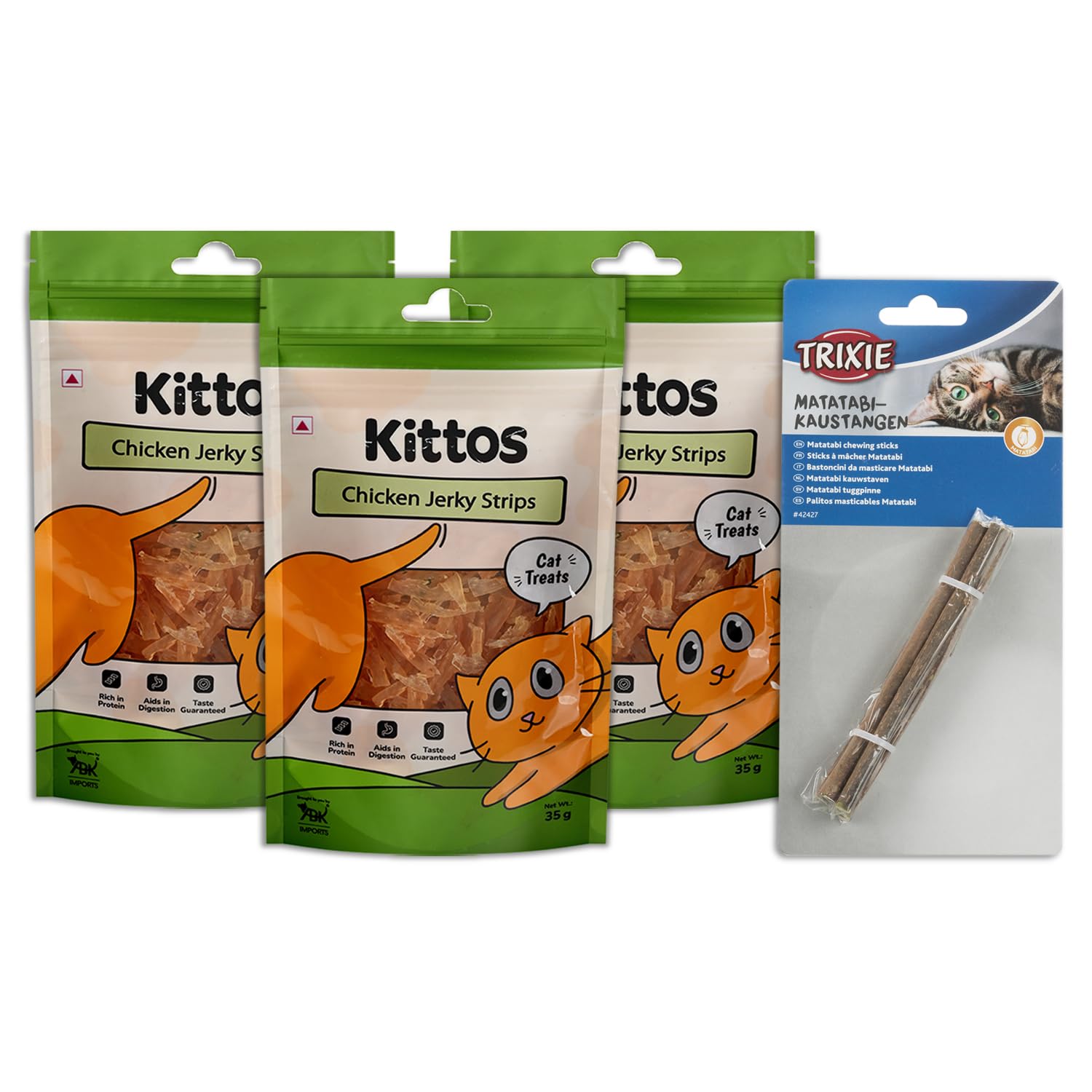 Happy Cat Combo of, Pack of 3 Kittos Chicken Jerky Strips Cat Treat and Pack of 1 Trixie Matatabi Chewing Sticks for Cats to Support Dental Hygiene