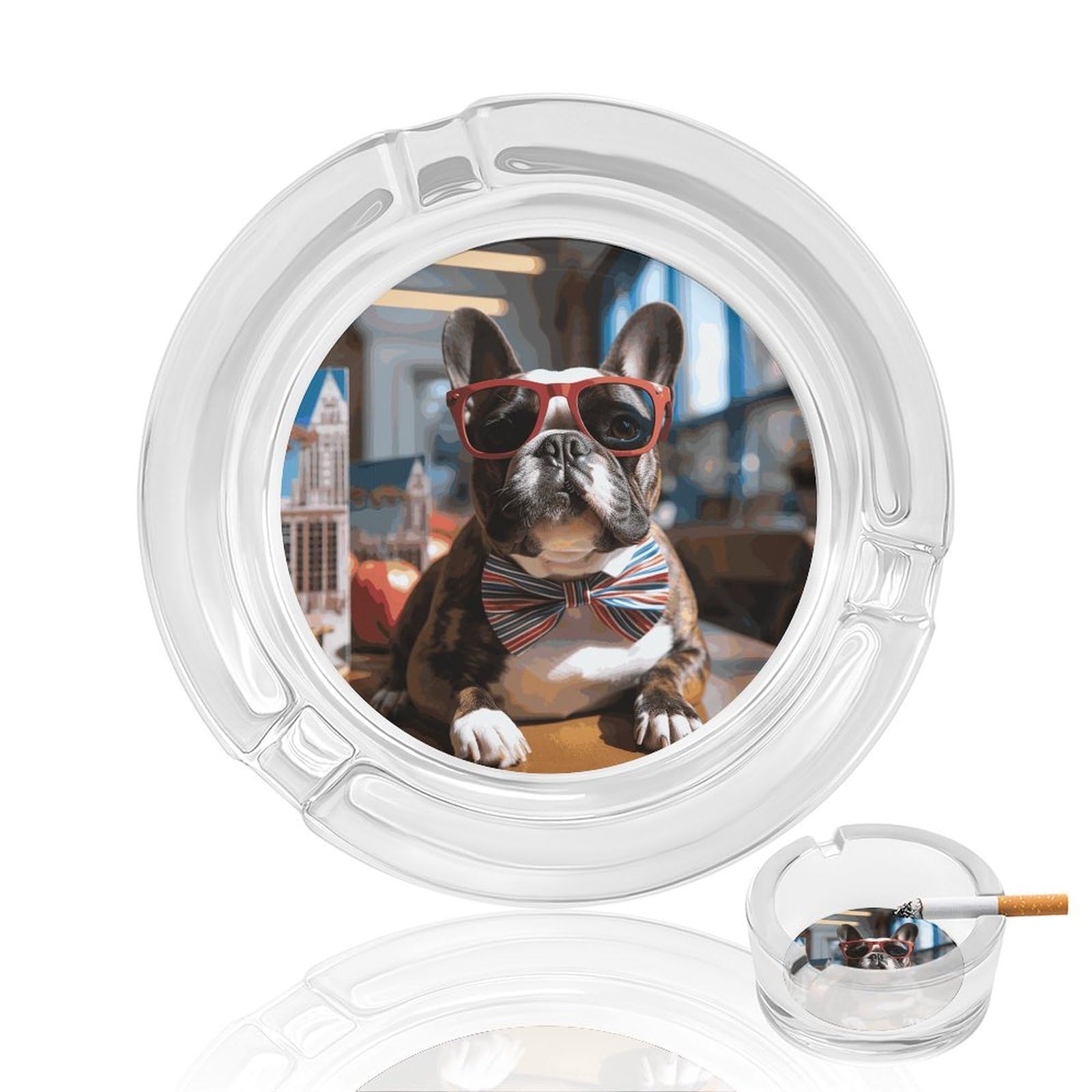 French Bulldog Wearing Sunglasses Glass Ashtray for Cigarette,Cigarette Ashtray for Indoor Or Outdoor Use,Cigar ash trays case with 3 Notches-Glass Decor Gift for Men Smokers