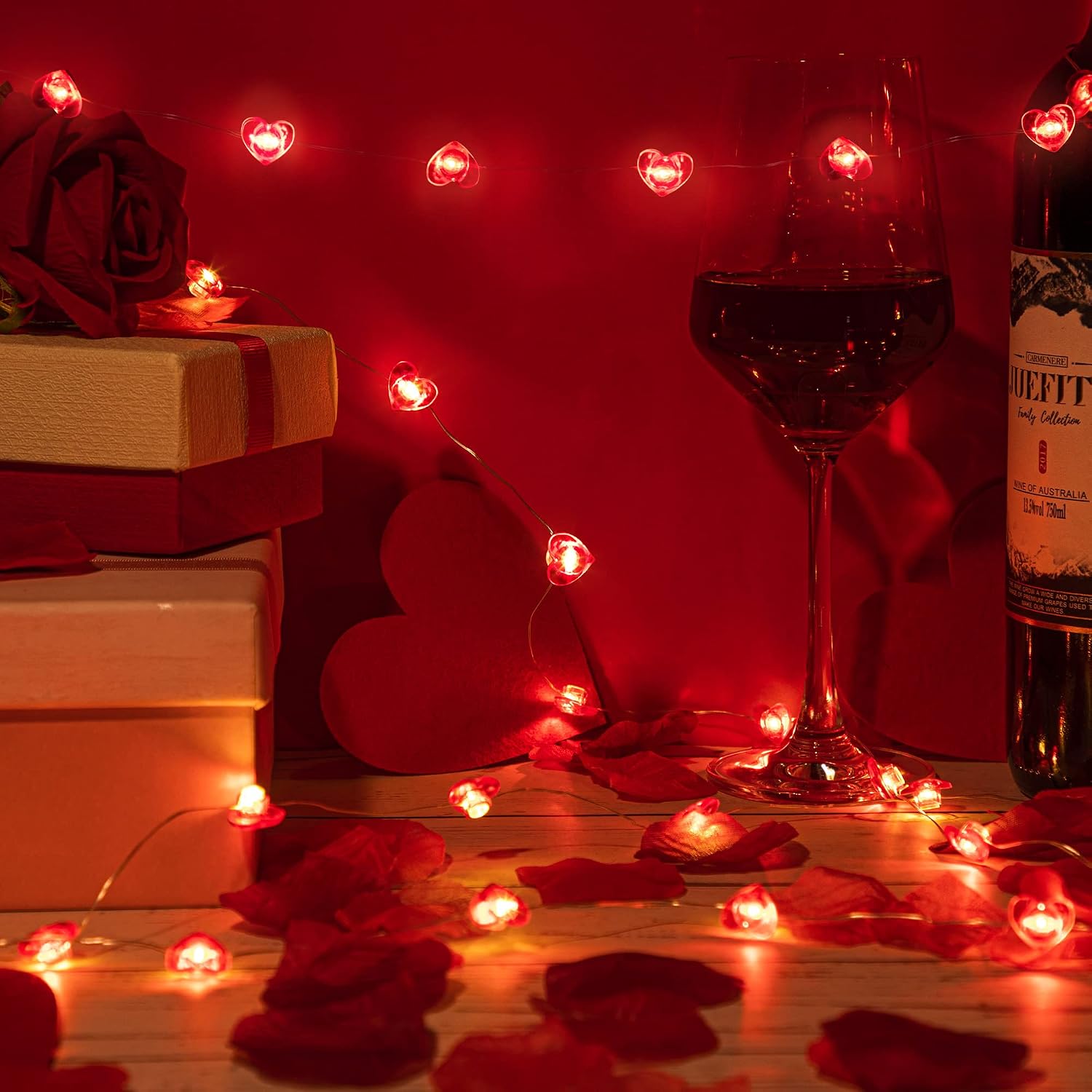 Valentine Day Decorations, 10ft 40 LEDs Red Heart Shaped String Lights with 8 Modes Remote Control, Battery Operated Twinkle Fairy String Lights for Valentine's Day Wedding Anniversary Room Decor