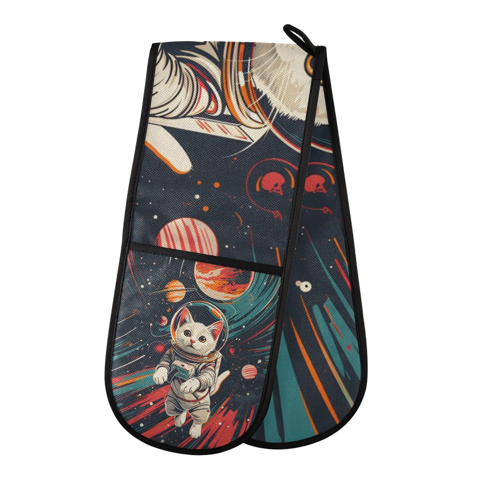 Oven Gloves Double Oven Gloves Funny Cat Astronaut Galaxy Black Heat Oven Mitts Pot Holder Heat Resistant Quilted for BBQ Baking Kitchen Cooking Gloves