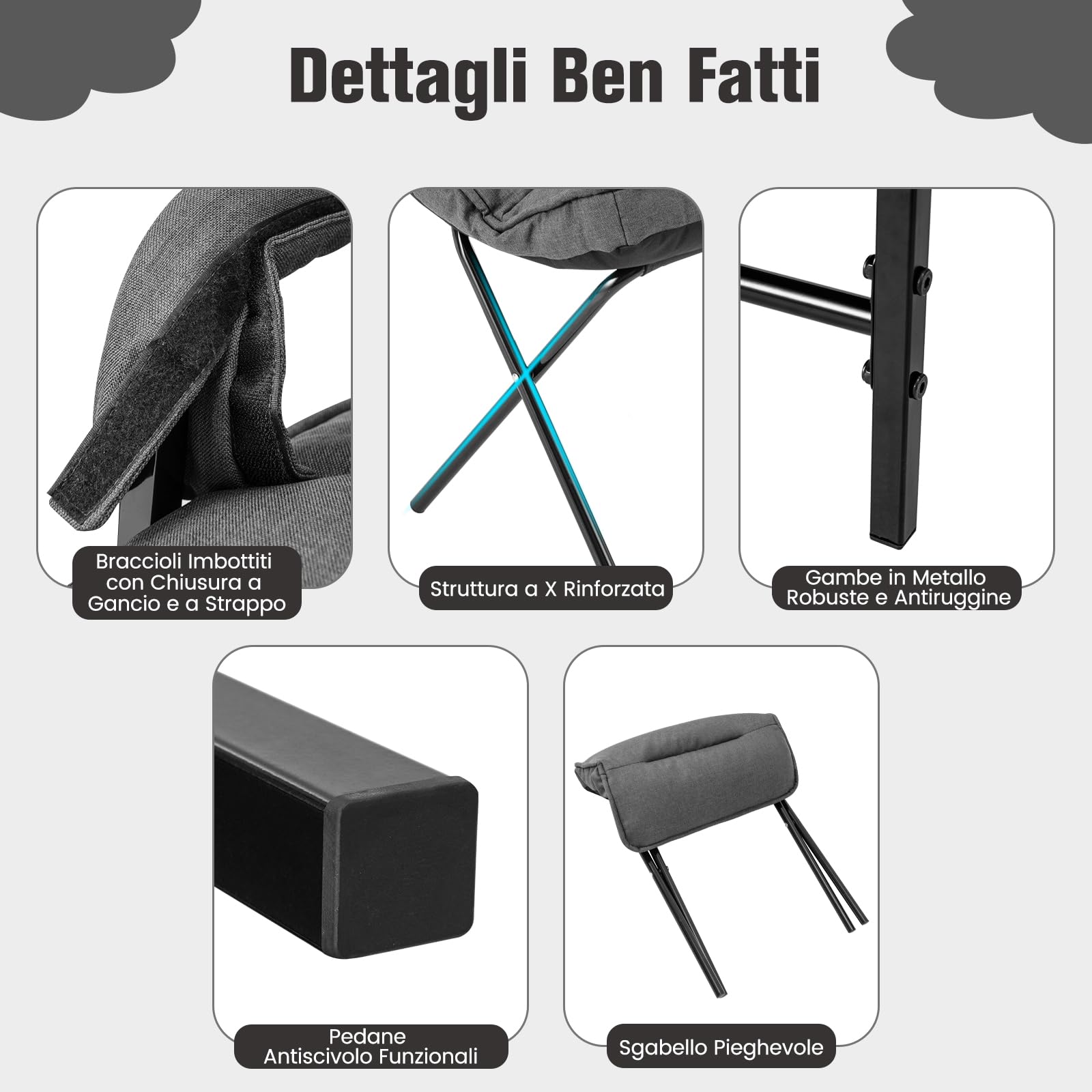 COSTWAY Poltrona Imbottita con Pouf Poggiapiedi Pieghevole, Schienale Alto Reclinabile a 5 Posizioni, Poltroncina Sedia Sdraio in Lino, Poltrona Moderna con Braccioli da Soggiorno Ufficio (grigio)