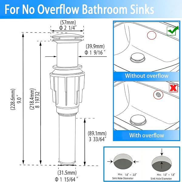 Bathroom Sink Drain Without Overflow- Matte Black Pop up Drain for Bathroom Vanity Vessel Sink Drain Stopper - Anti-clog Pop-up Plastic Drain with Hair Catcher Strainer - 2