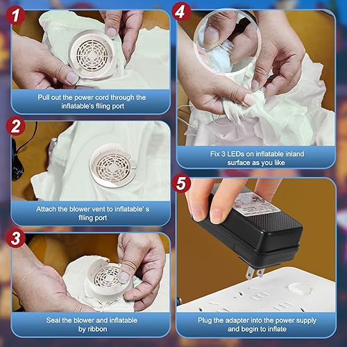 Miniatura 5 de Ceenna Juego de 2 sopladores de aire de repuesto para inflables, soplador de ventilador de repuesto blanco con 3 luces LED y adaptador para