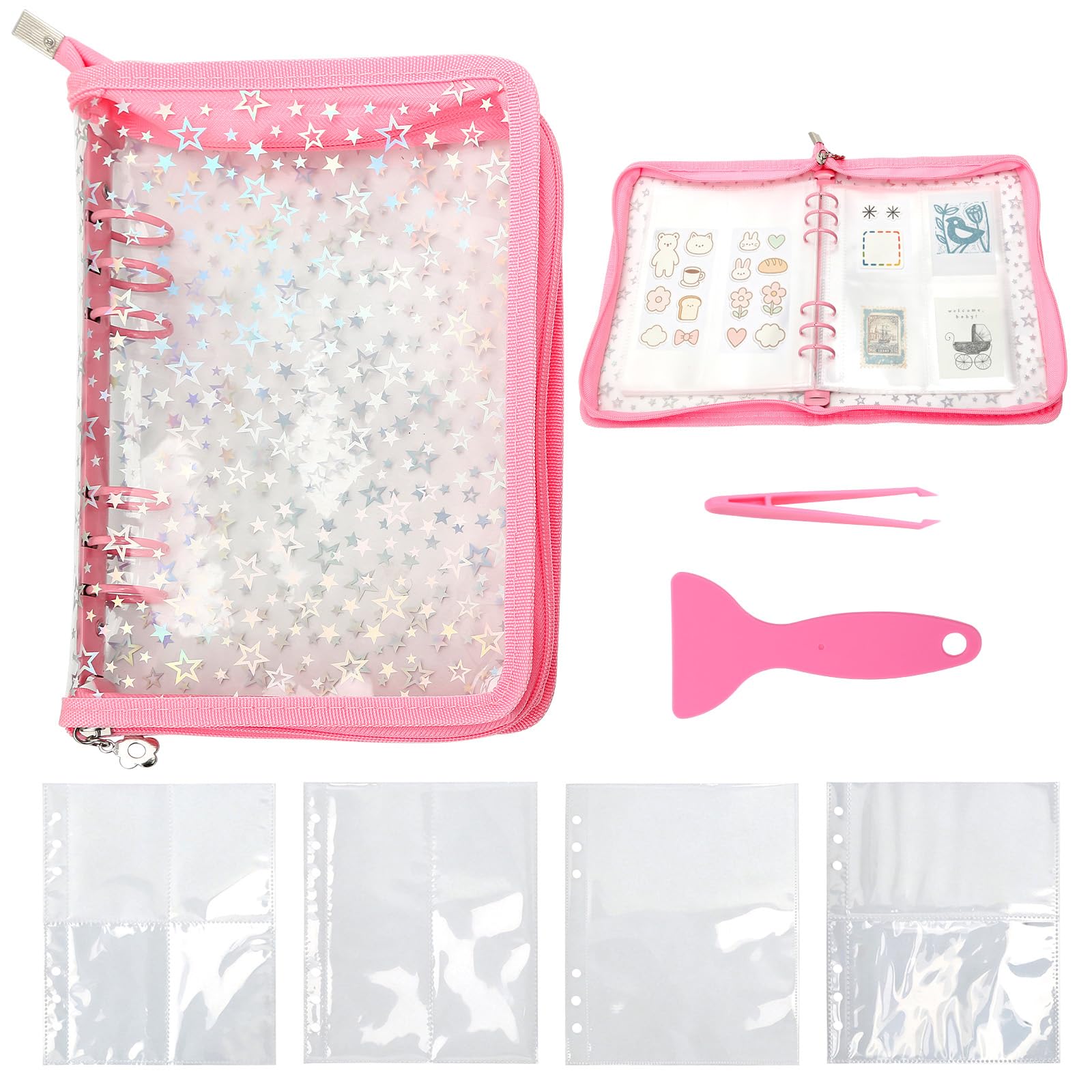A5 Sticker Storage Binder with Zipper, 1pcs Tweezer & Scraper