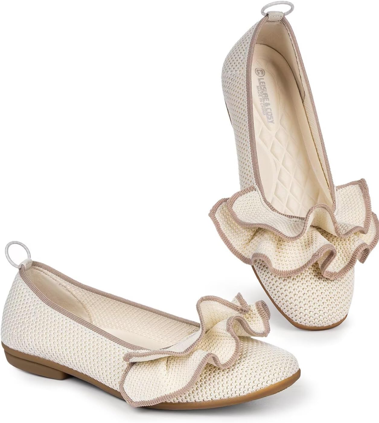 Women's Flats | Square Toe Ballet Flats | Comfortable Knit Ruffled Dressy Shoes for Women | Casual Office Work Slip-on Shoes