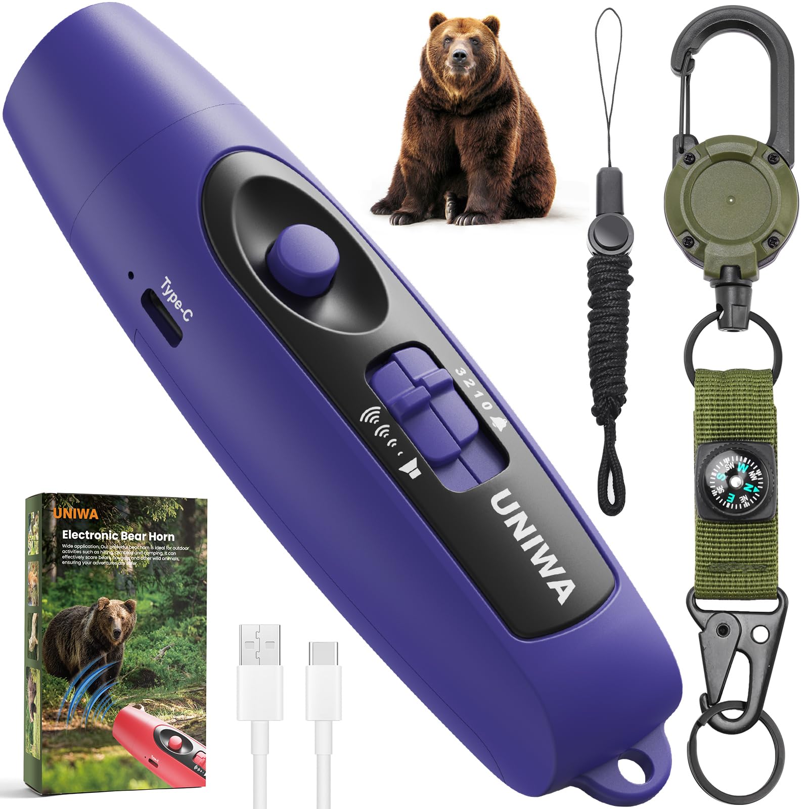 UNIWA Bocina electrónica de oso de aire, bocina de aire fuerte de 120±5 dB para seguridad, senderismo, camping, silbato de emergencia con brújula y termómetro, cuerno de oso para asustar a los osos