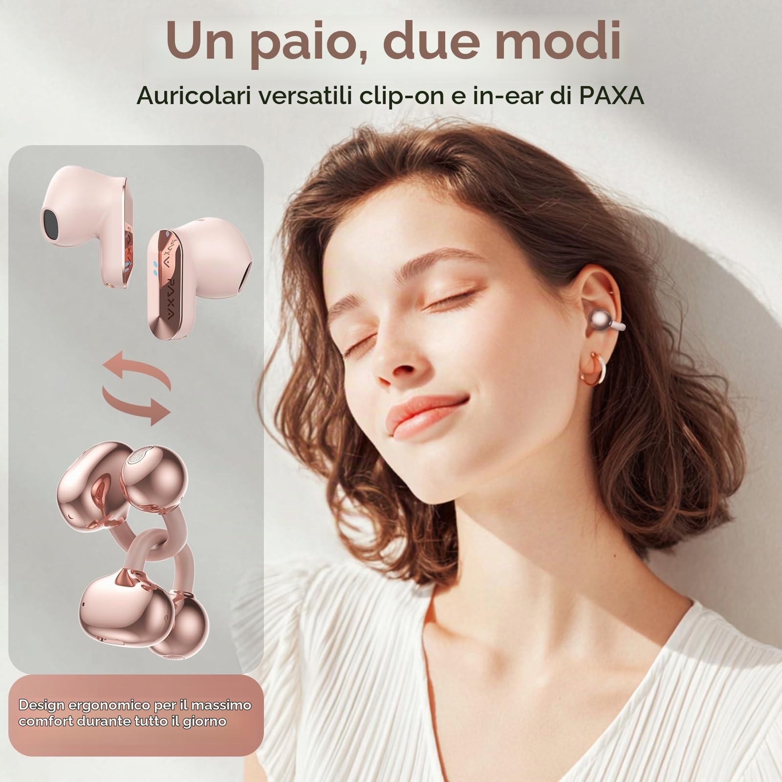 PAXA 2 in 1 a Cuffie Auricolari Aperte Clip per Orecchie Aperte, Bluetooth 6.0 Zero Ritardo, Ultra-Lunga 140 Ore, Riconoscimento Automatico L/R, Hi-Fi Suono per Lavoro Fitness Corsa, Ctbuds Rosa Oro
