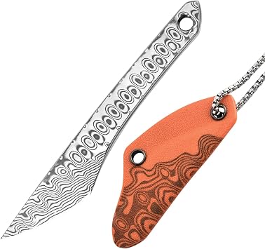 Damascus Fixed Blade Knife with Sheath | Neck Hanging Rope, Camping, Small EDC, For Hiking