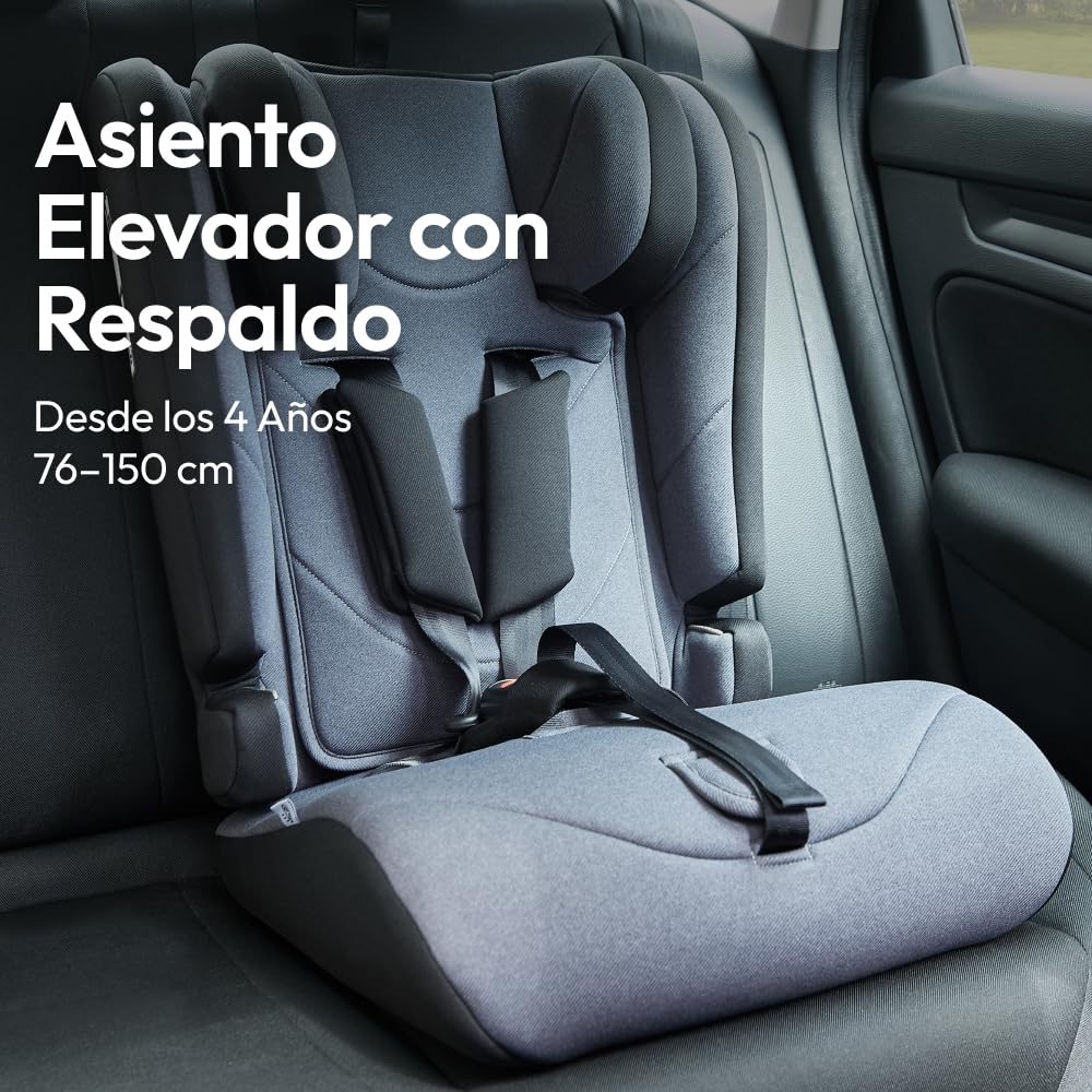 Silla Coche Bebe 76-105 cm hasta 36 kg desde 15 Meses, ECE R129 i-Size Booster Seat 100-150 cm hasta 12 Años, con Funda Desmontable, Cojín Extra de Cabeza y Arnés Ajustable, Gris oscuro