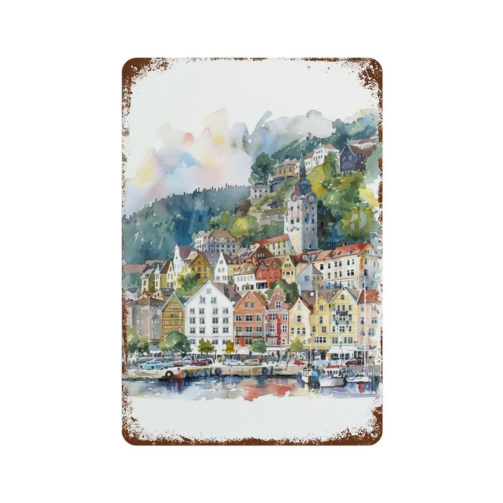 xiaoxiaoshen Cityscape Bergen Norwegian Wall Decor Art Metal Tin Poster Modern Home Decor Art Home Bar Shop Decorations Vintage Sign 30x20cm