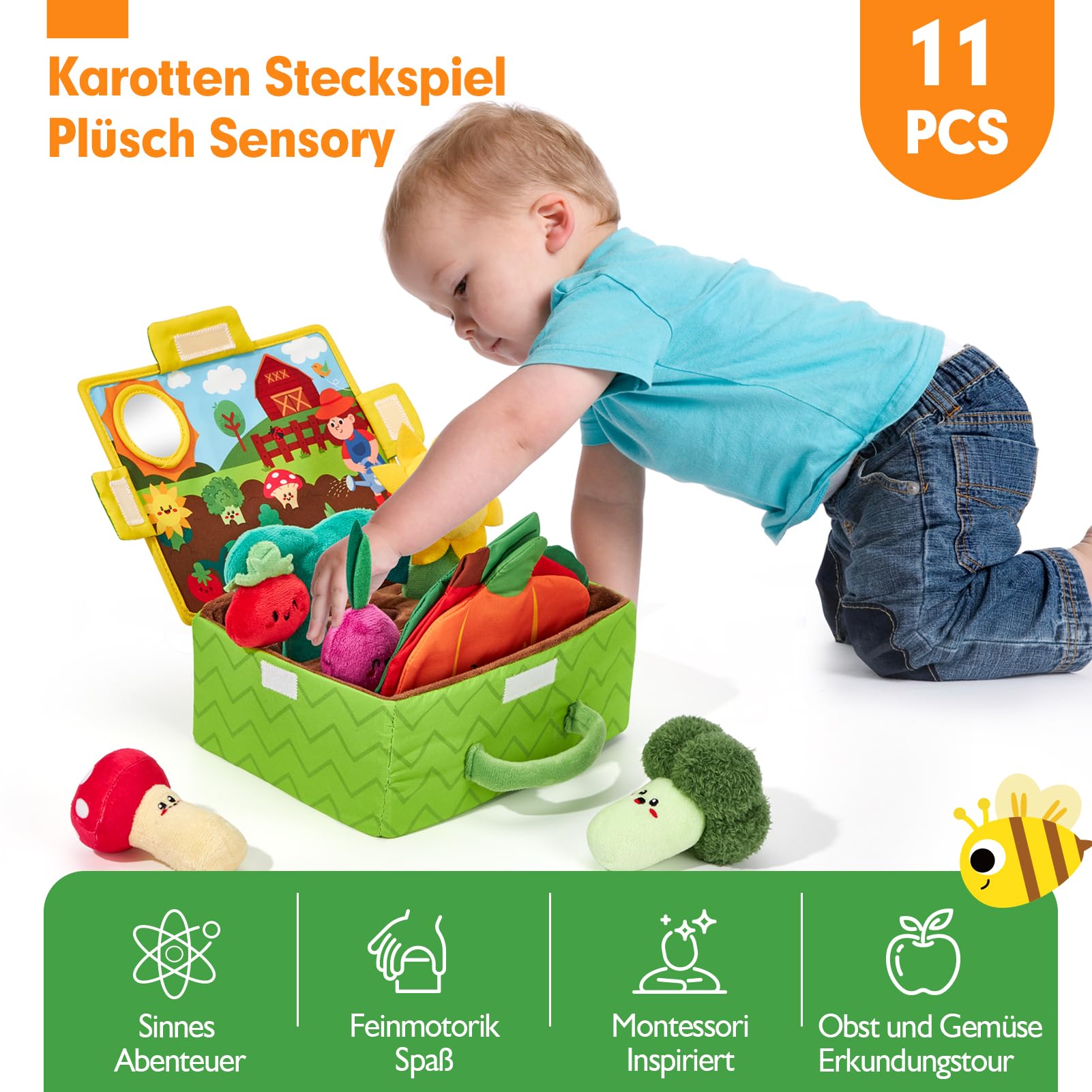 hahaland Rübe Ziehen Montessori Spielzeug Baby, Obst und Gemüse Plüschtier-Set, Motorik Baby Spielzeug 6 Monate mit Rasseln Spiegel Tragbarer Box,Baby Geschenk für Spielzeug ab 6 7 8 9 10 12 Monate