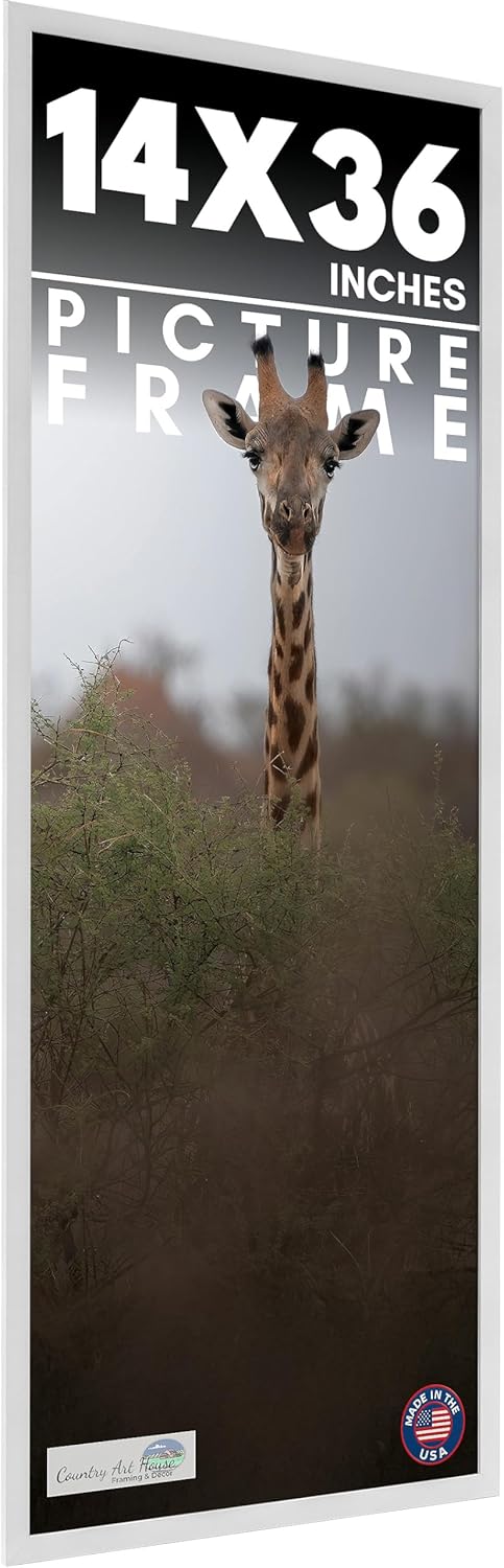 CountryArtHouse 14x36 Frame White Solid Wood Picture Frame Includes UV Acrylic Plexiglass, Acid Free Foam Backing Board and Hanging Hardware
