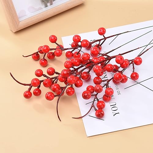 Miniatura 7 de 30 piezas de bayas rojas de acebo para árbol de Navidad, bayas rojas, ramas de acebo de Navidad para decoración de árbol de Navidad, manualidades,