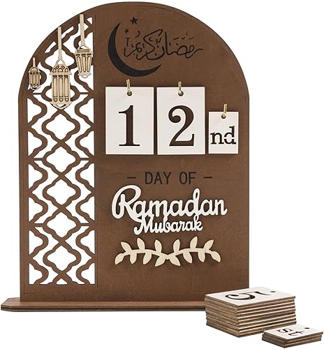 flangairy Calendario de cuenta regresiva de Ramadán 2024, calendario de Adviento de madera Eid, 30 días, decoración de cuenta regresiva de madera,