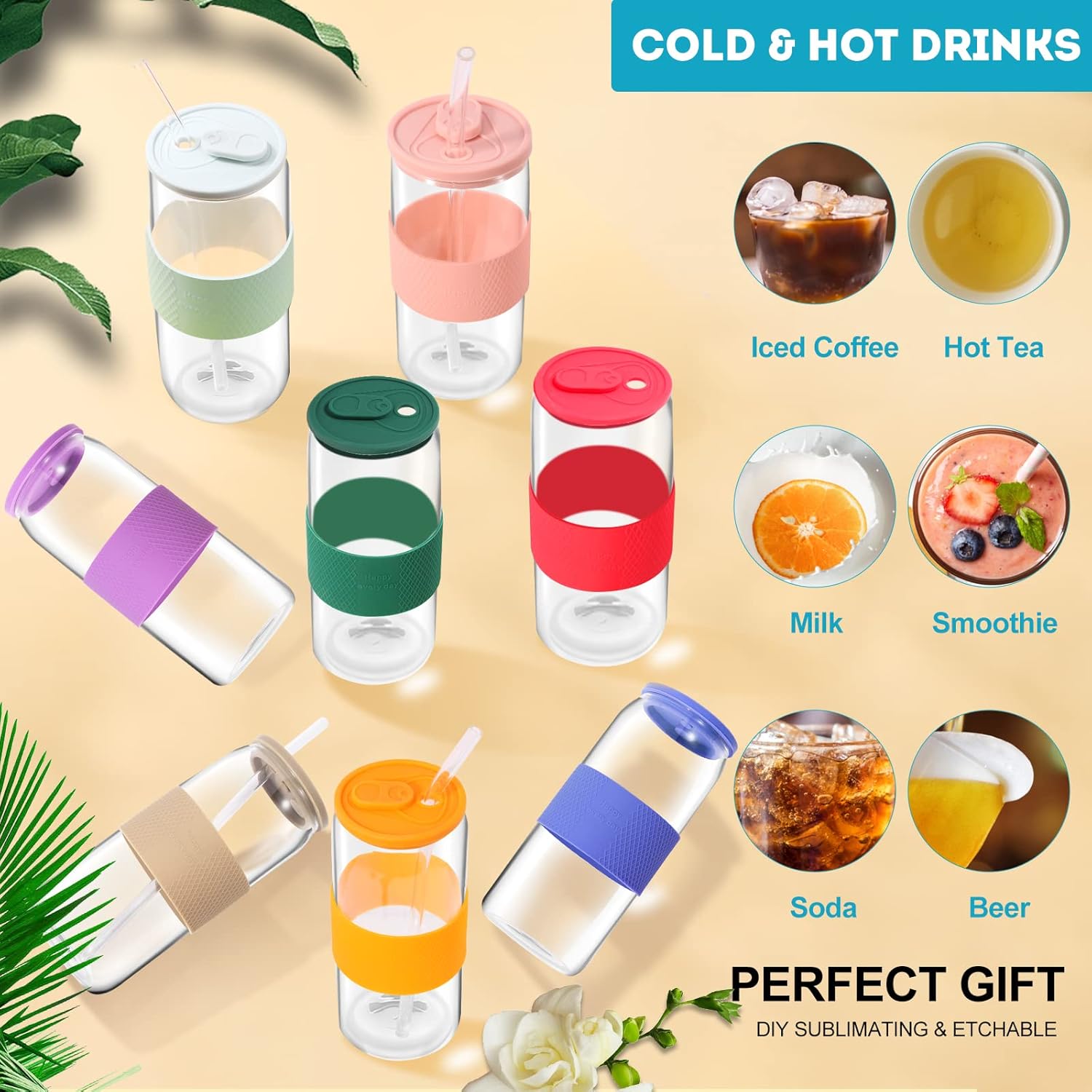  | 20oz Glass Tumbler with Silicone Lids and Sleeve, Iced Coffee Cup Reusable, Travel Water Bottle, Wide Mouth Smoothie Cups, Soda Can Shaped, Hot Tea (Baby Pink): Tumblers & Water Glasses