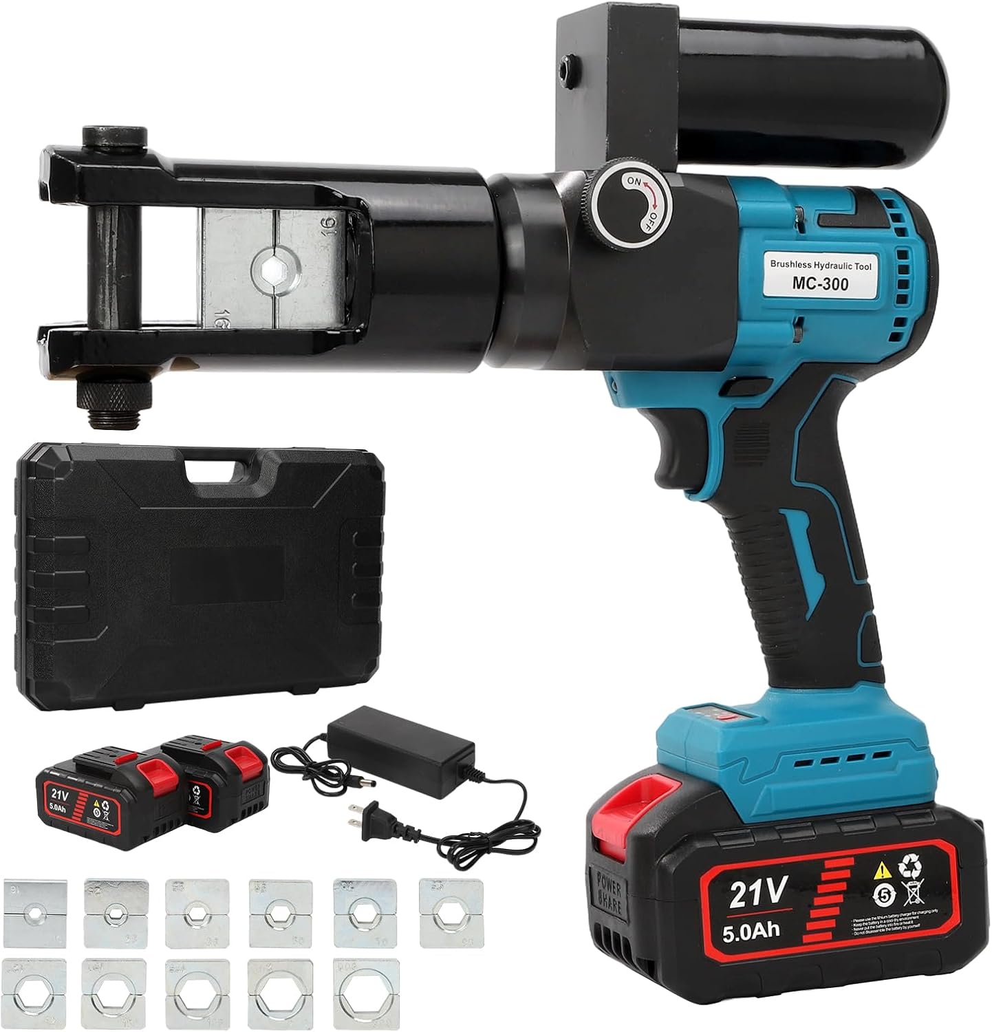Hydraulic Crimping Tool 80KN Battery Powered 21V 5Ah Lithium-Ion 360° Rotating Head 3-6 Sec Fast Crimping 16-300mm² Copper/Aluminum 6AWG-600MCM with 2 Batteries & Storage Box