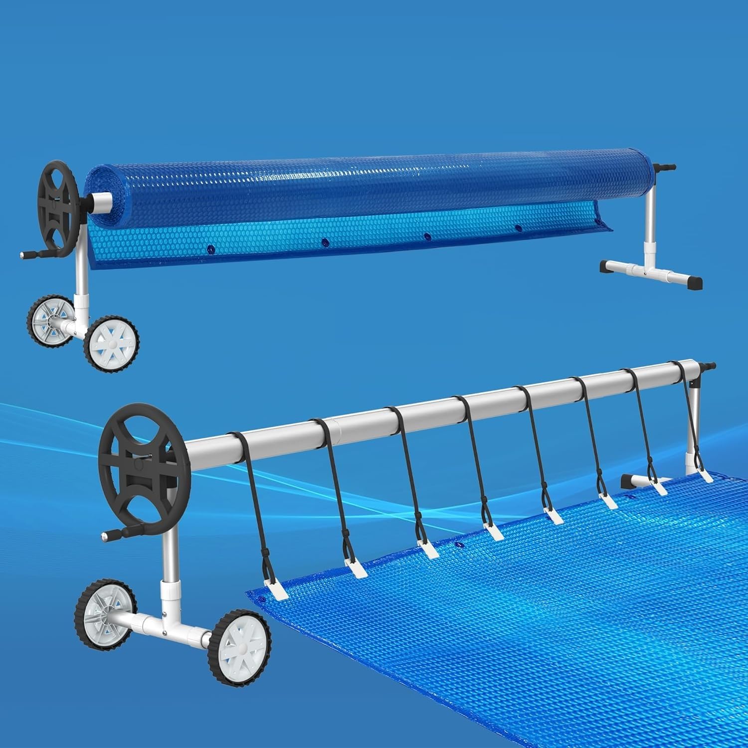 UISEBRT Pool Aufroller Mobiles Poolfolienaufroller 3m - 5,70m für Poolplane, Aufrollvorrichtung mit Befestigungsbändern & Rädern