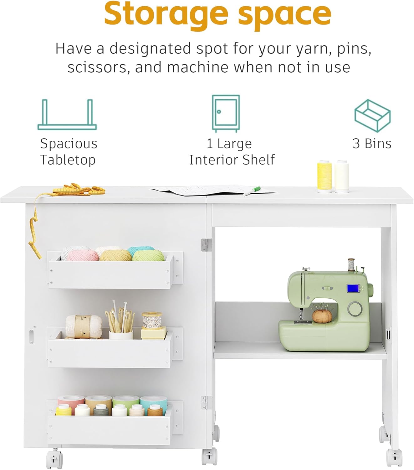 Flrrtenv Folding Sewing Table open, showcasing the spacious tabletop, one large interior shelf, and three bins filled with sewing and craft supplies.