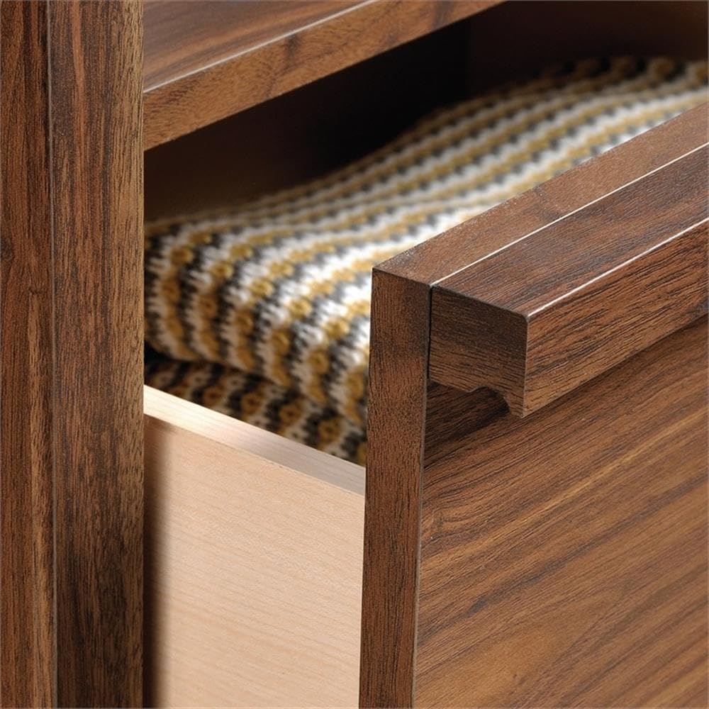 BOWERY HILL Mid-Century Nightstand, Engineered Wood, Grand Walnut Finish, 24.72" W x 24.09" H x 19.13" D, Open Shelf and Drawer Storage, Bedroom Accent Table with Cord Management