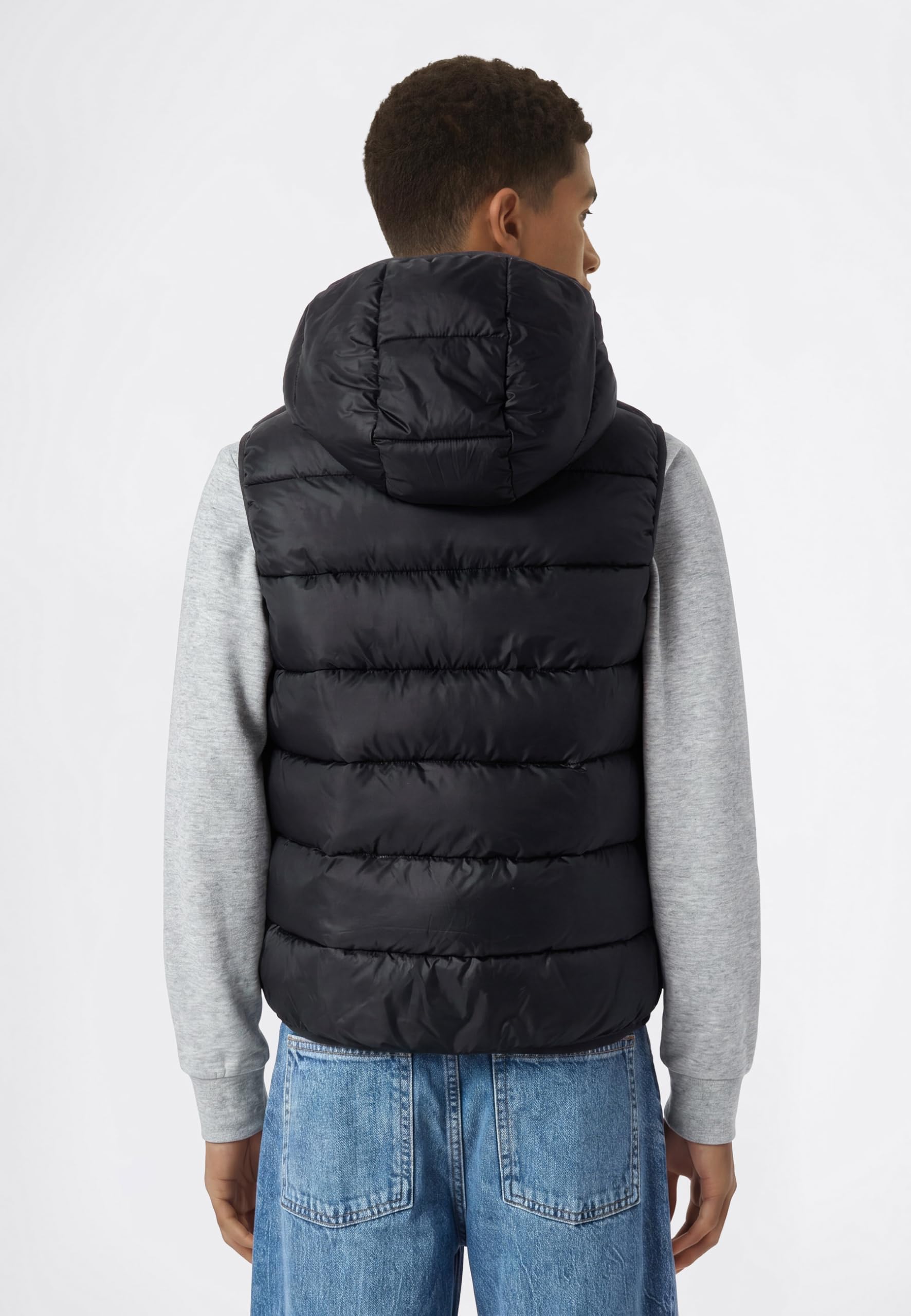 CHAMPION Kinder wattierte Kapuzenweste mit durchgehendem Reißverschluss, wasserabweisend, leichte Polsterung, Windschutz, Ciré Shiny Finish, Outdoor und Freizeit, Schwarz, M