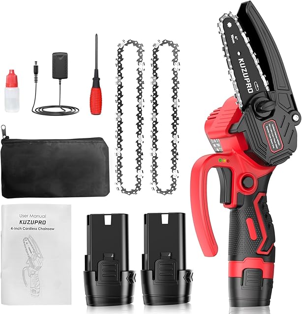 KUZUPRO Mini Chainsaw 4 Inch, Mini Cordless Chainsaw with 2 Batteries 1.5Ah, 2 Chains, 8m/s Chain Speed Electric Power Chainsaw, Battery Indicator for Tree Branches, Courtyard, Household and Garden