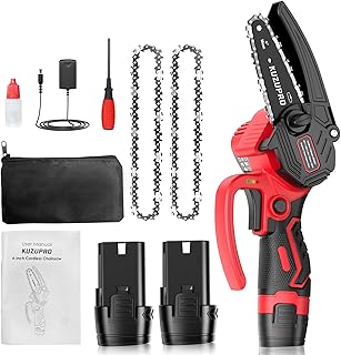 KUZUPRO Mini Chainsaw 4 Inch, Mini Cordless Chainsaw with 2 Batteries 1.5Ah, 2 Chains, 8m/s Chain Speed Electric Power Chainsaw, Battery Indicator for Tree Branches, Courtyard, Household and Garden