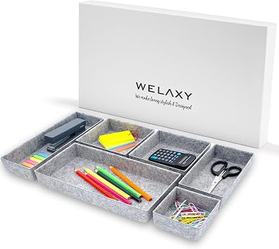 Welaxy Deluxe drawer organizers multi-purpose storage box junk bins for office home bathroom nightstand holder quiet luxury gift idea 6-piece Style A (Gray)