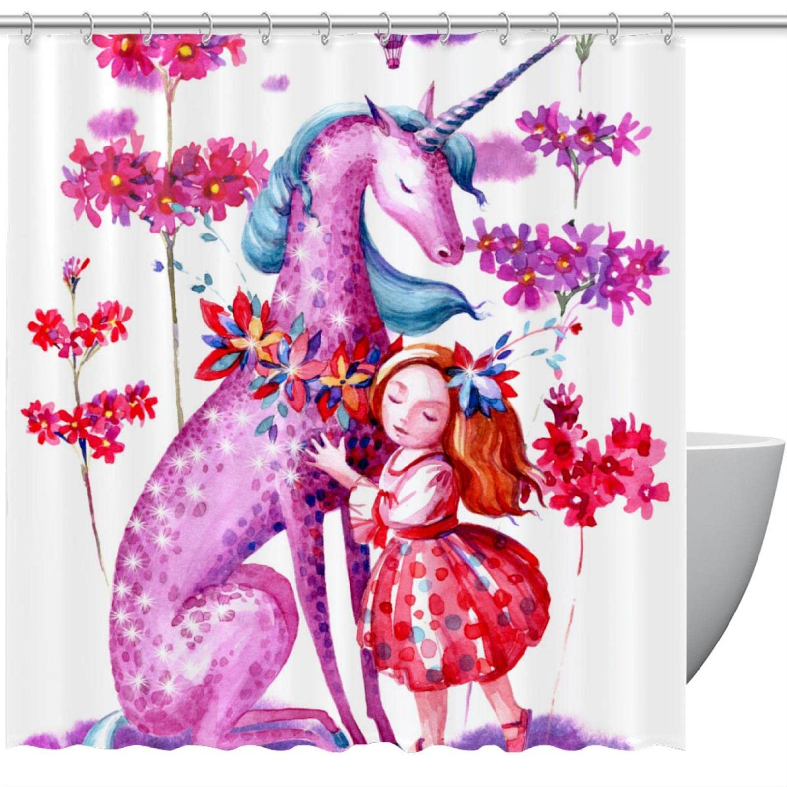 Rideau de douche licorne rose fleurs pour créer une bulle de douceur dans la salle de bain fille