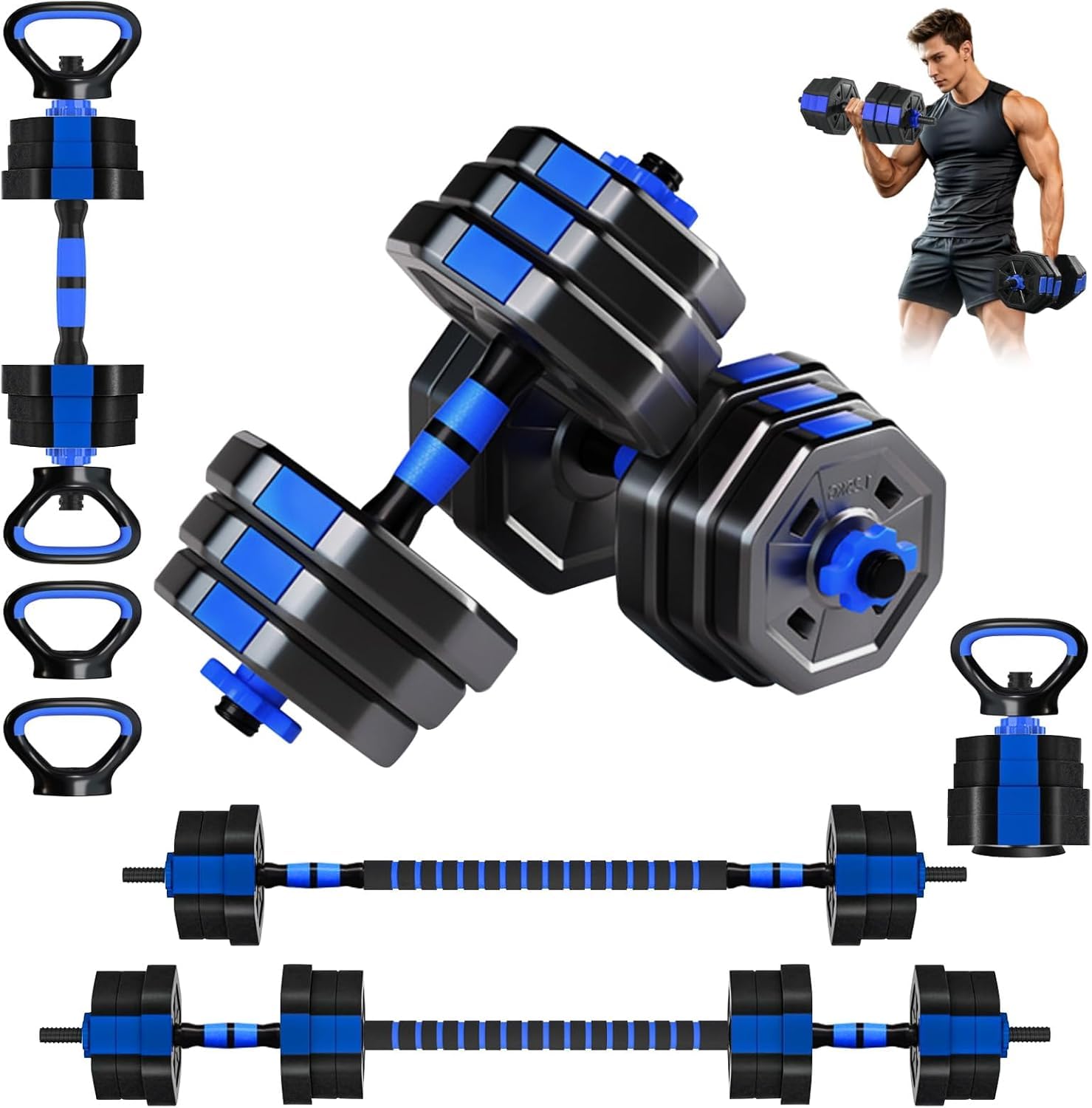Hantle Regulowane 4 w 1 ze Sztangą i Kettlebell