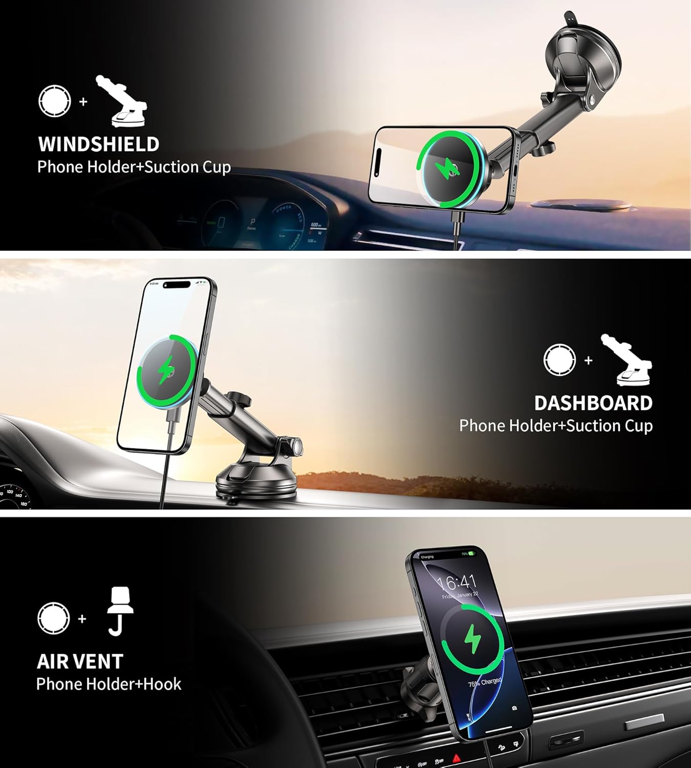 for Mag-Safe Car Mount Charger Dash Vent Windshield Wireless Car Charger with LED Light, Strong Magnetic Phone Holder for Car for iPhone 17 16 15 14 13 12 Series(Cyan) - Image 3