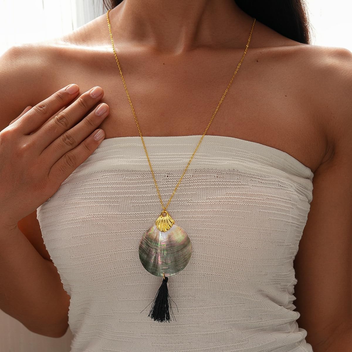 Boho Long Necklaces for Women Trendy Shell Tassel Pendant Necklace Vintage Big Disc Seashell Sweater Chain Geometric Circle Casual Necklaces Bohemian Statement Jewelry - Image 6