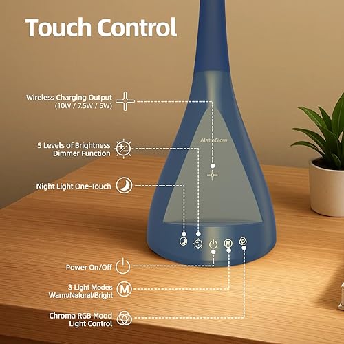 Miniatura 4 de Lámpara de escritorio todo en uno  Control táctil y cargador inalámbrico, cuello de cisne de 360 ajustable, 5 niveles regulables + 5 modos de color,