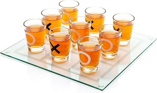 Miniatura 3 de Mattys Toy Stop Tic-Tac-Toe juego de beber de vasos de tres en una fila con 9 vasos de chupito y tablero de juego de vidrio 10 x 10 pulgadas