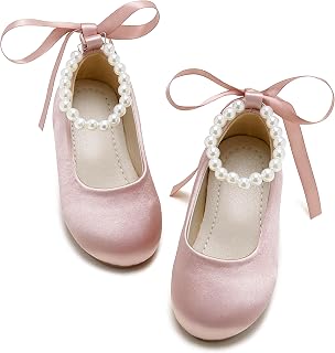 PHIRAMIN Toddler Flower Girl Dress Shoes - Little Girl Ballet Flats Pearl Strap for Wedding Party