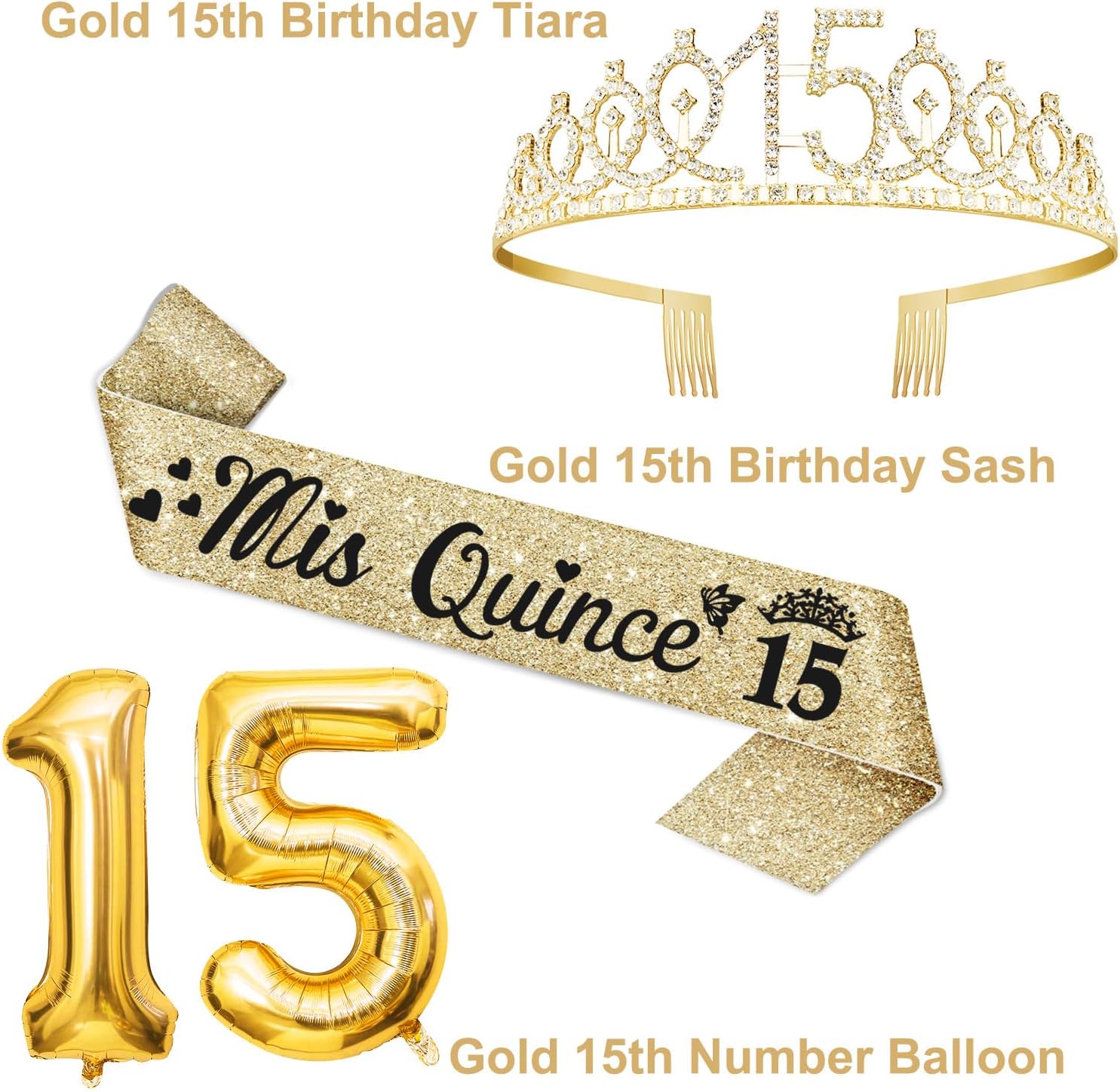 15th Birthday Decorations for Girls Gold with15th Birthday Crown and Sash, Candles and Cake Topper, Number Balloons, Sweet 15 Year Old Gifts for Girls - Image 3