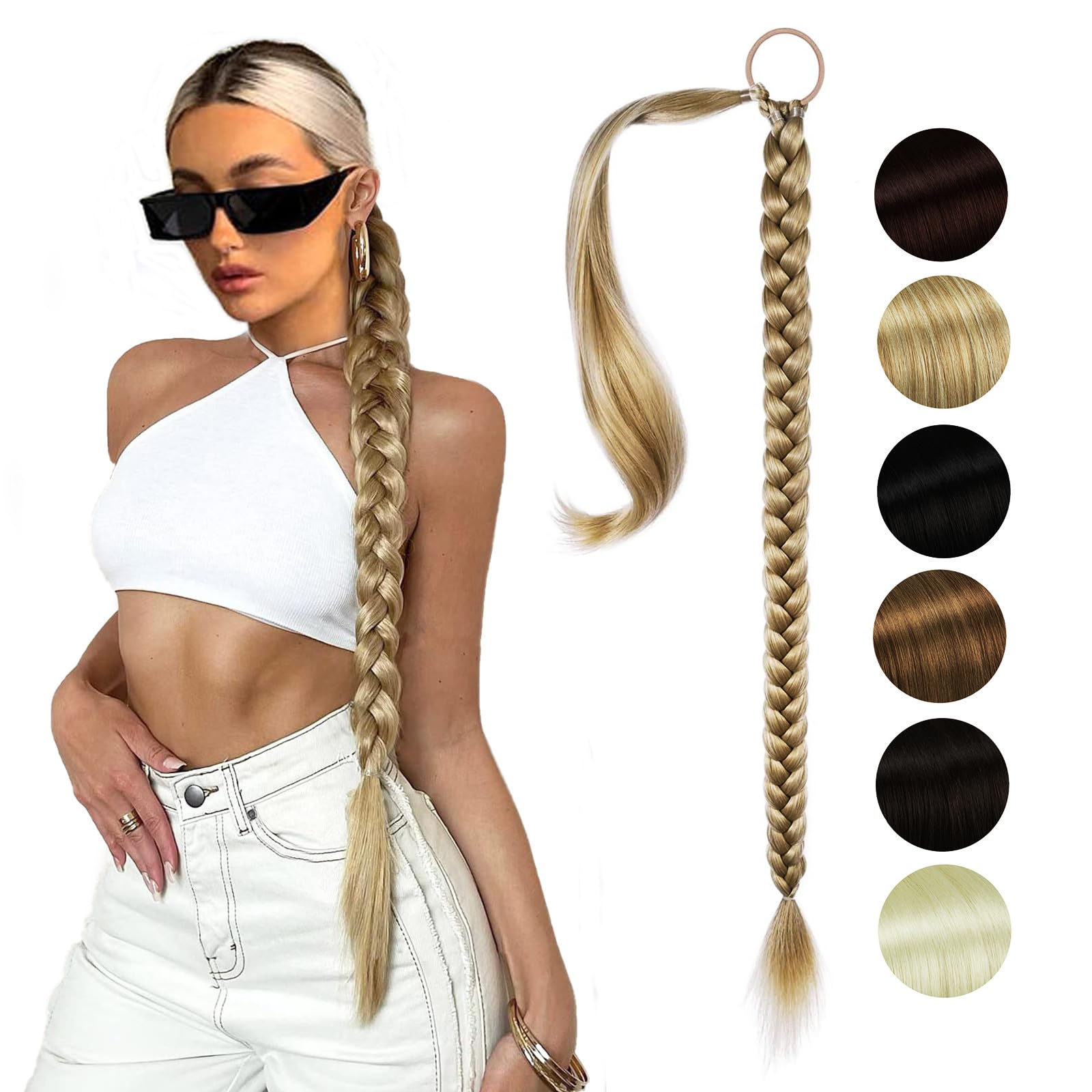 NASHRIO Extensiones de Pelo Coleta Trenzada, Pelo Sintetico para Trenzas Extensiones de Cabello para la Fiesta Diaria, DIY Pieza de Cabello,Coleta Postiza (Gris Dorado)