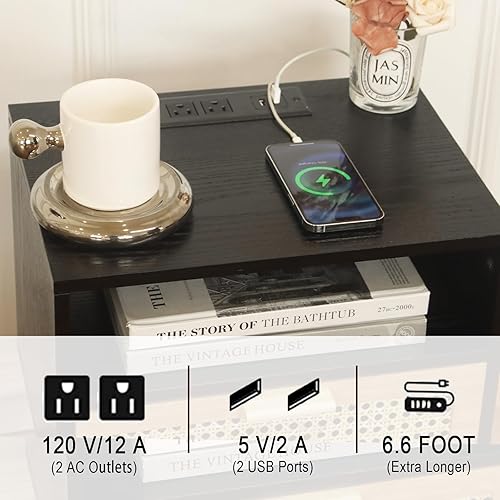 Miniatura 4 de MaxSmeo Mesita de noche de estilo mitad de siglo moderna con estación de carga, mesas de noche con cajón de ratán, mesita de noche pequeña de madera