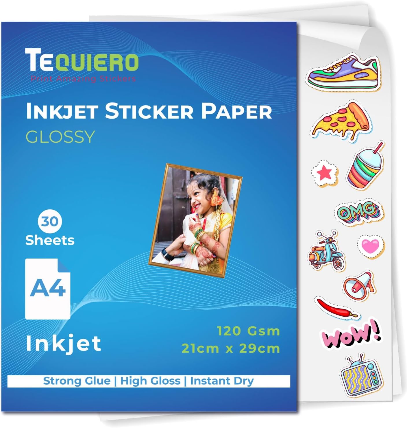 TeQuiero 30 Glossy Inkjet Sticker Photo Paper a4 size Self Adhesive Photo Sheets 120 GSM - 30 Sheets