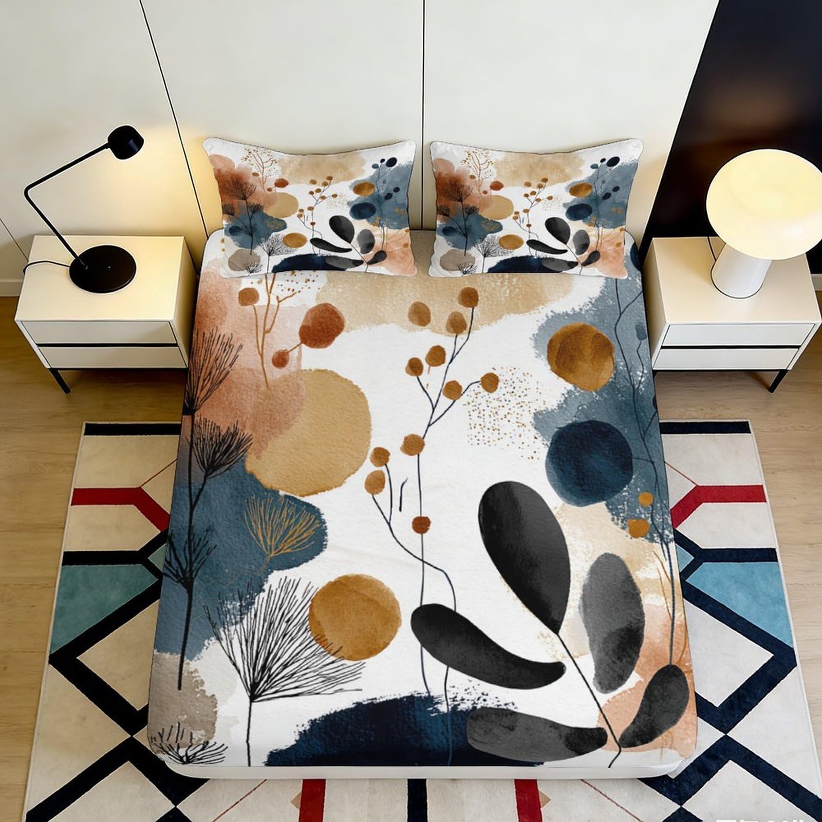 3D Printed Abstract Watercolor Fitted Sheet Microfiber Soft Breathable Botanical Art Mattress Cover for Bedroom Decor 180x200x25cm