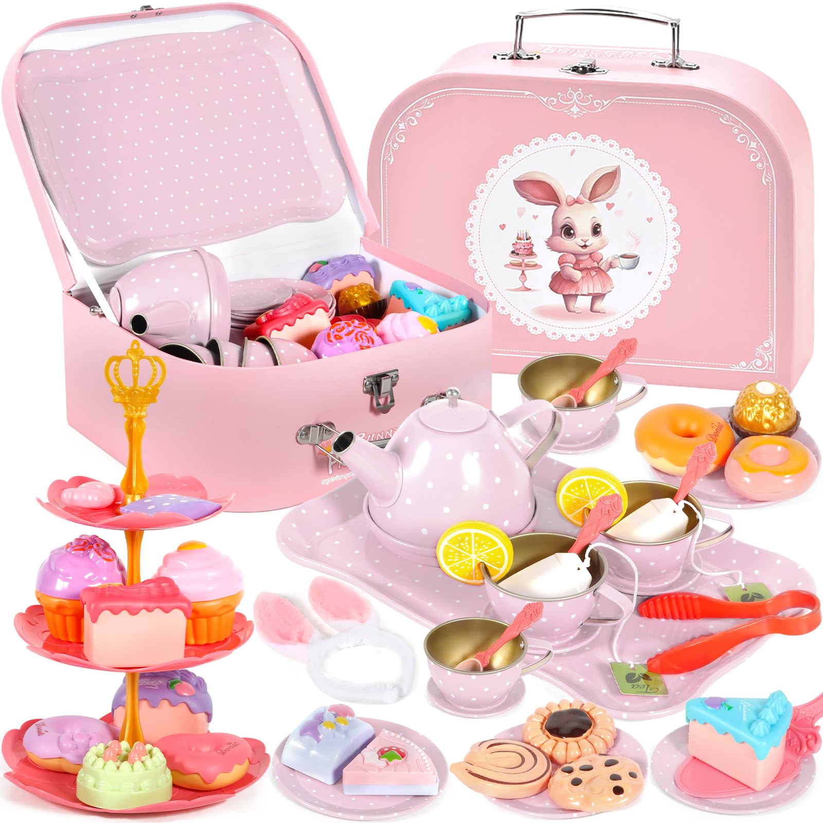 50-teilig Teeservice Kinder,Puppengeschirr Kinderküche Tin Teekanne Set,mit Rosa Bunny Spielzeug Tragetasche,mit Dessert Rollenspiele für 3 4 5 6 7 Kinder Mädchen