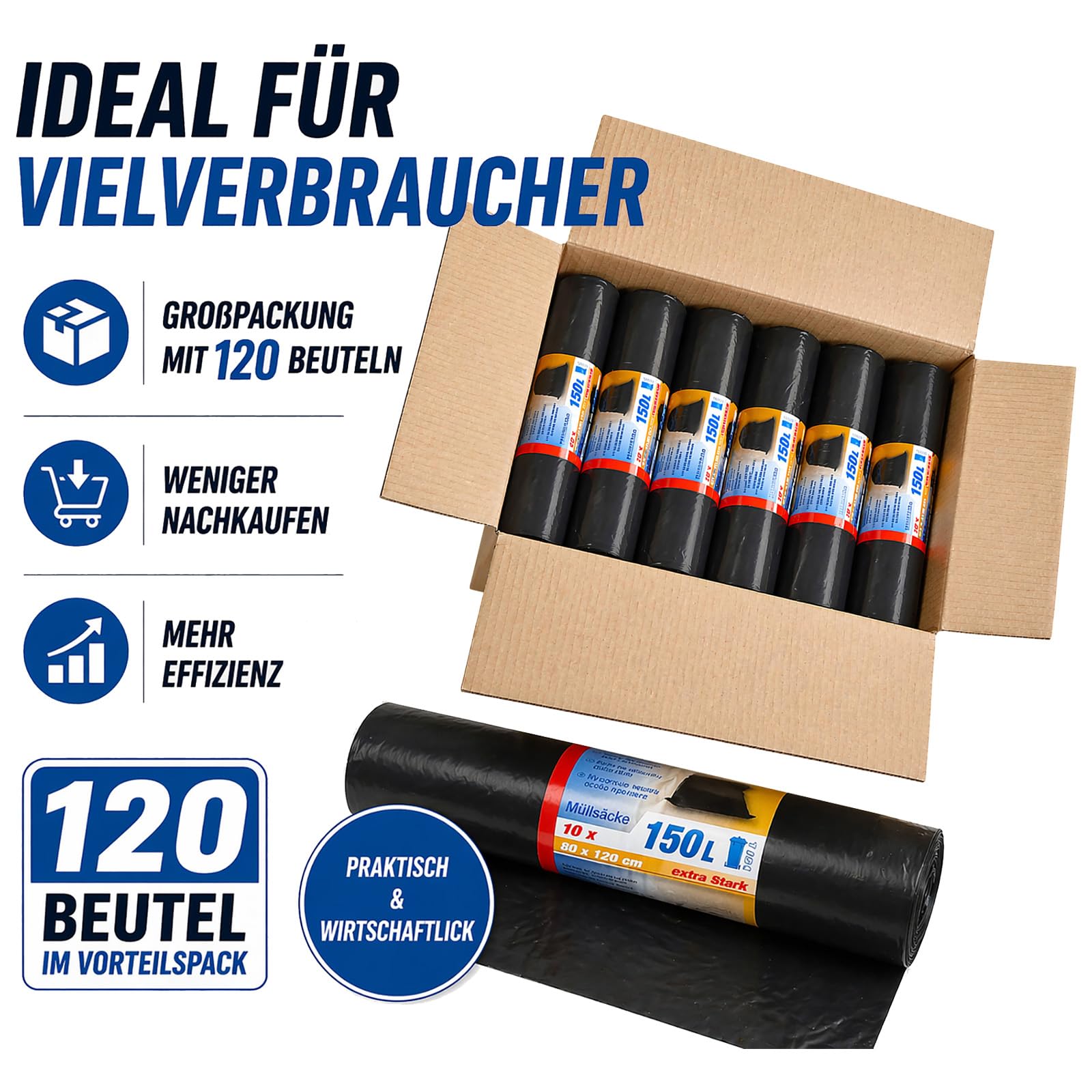 Sacco per rifiuti 150 L (77 my) - sacchi per rifiuti XXL antistrappo - 10 pezzi per rotolo - robusti sacchi per rifiuti grigio/nero per giardino, casa, cantiere e gastronomia come sacco per rifiuti.