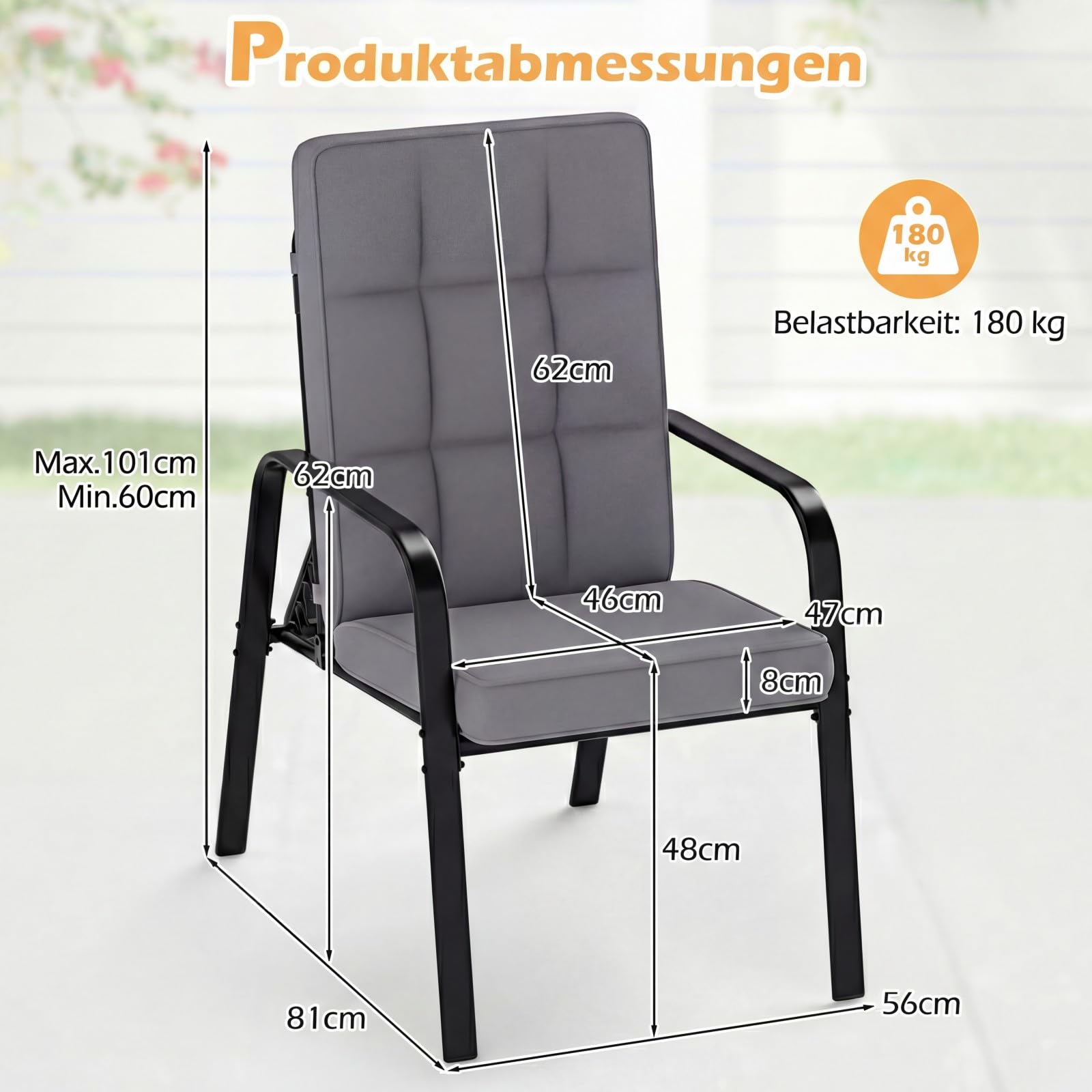 COSTWAY Gartenstühle 2er Set, Gartensessel mit Kissen und Verstellbarer Rückenlehne, Balkonstühle, Terrassenstühle bis 180 kg belastbar, für Garten, Balkon, Terrasse (Grau)