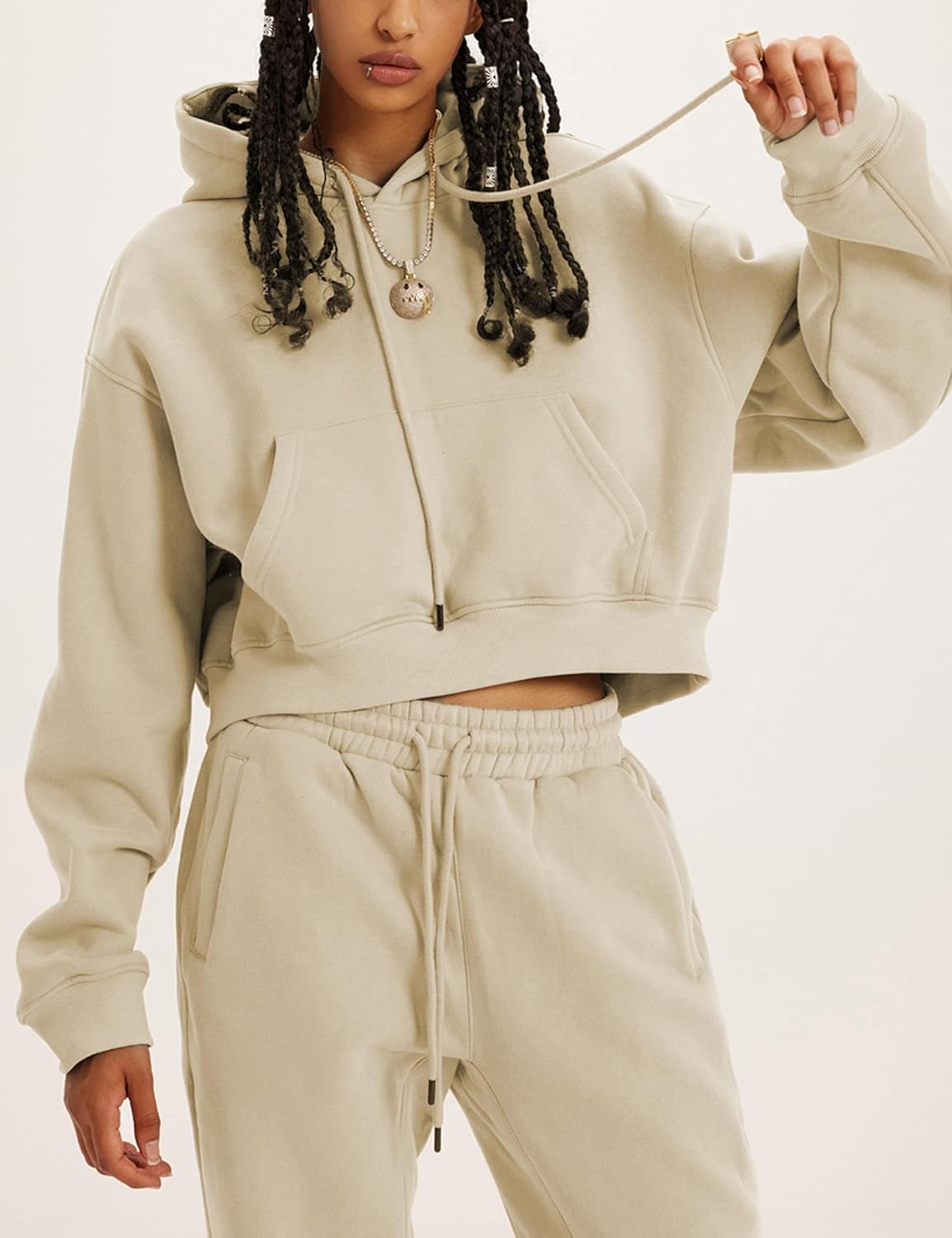 LTSCNRM Women's 2 Piece Airport Outfits Fleece Crop Hoodies Pullover Sweatshirt Sweatsuits Joggers Pants Pockets - Image 3