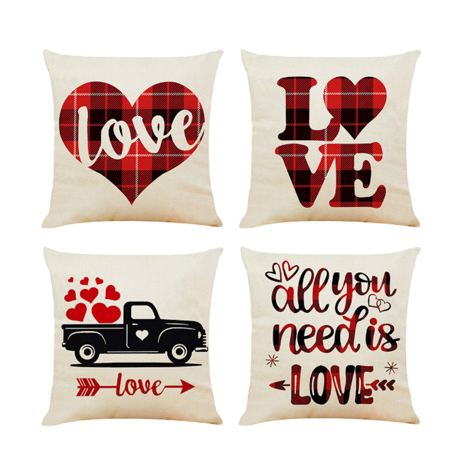 Housse de coussin coton lin 45x45 décoration Valentin cœur rouge
